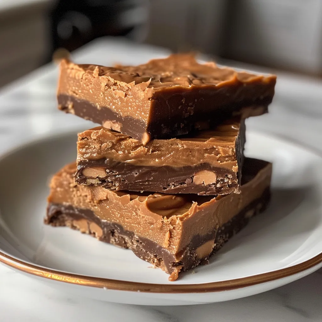 Detailed close-up of peanut butter fudge with a creamy texture and pieces of Reese's scattered on top.