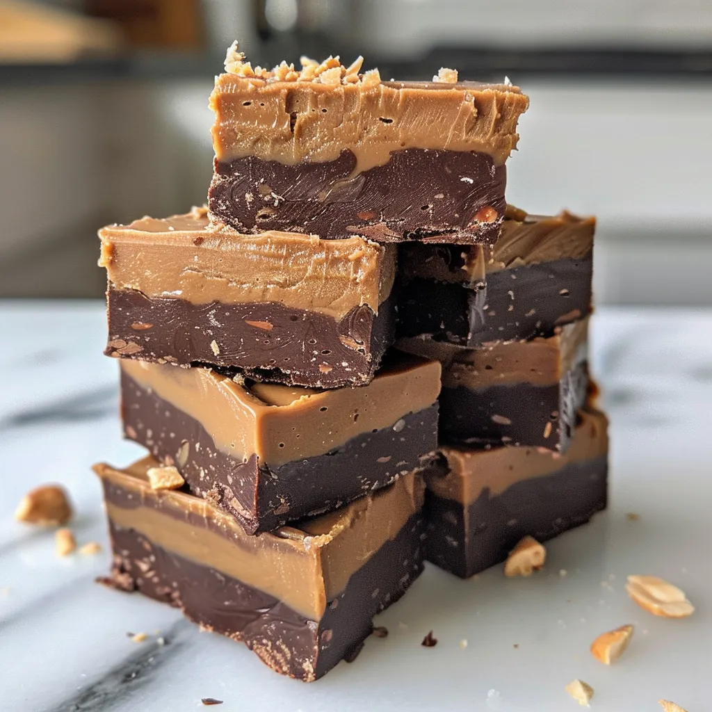 Photograph of healthy peanut butter fudge with a glossy finish and visible Reese's pieces.