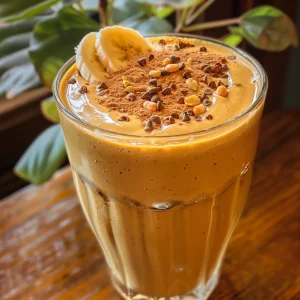 Thick, vibrant orange pumpkin smoothie in a clear glass against a wooden background.