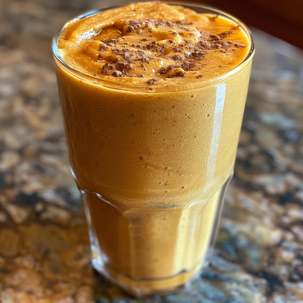 Juicy and colorful pumpkin smoothie with a banana and nut butter beside it.