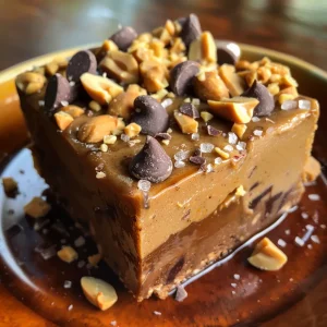 Appetizing slice of peanut butter protein fudge with visible layers and toppings displayed prominently.