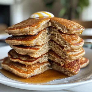 Delicious high-protein pancakes featuring a rich texture, garnished with fruits and syrup.