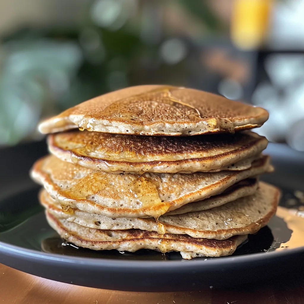 Side view of fluffy pancakes, showcasing their lightness with a buttery shine on top.