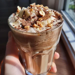 Detailed shot of a nutritious mocha beverage, highlighting the blend of chocolate and banana, garnished with melted chocolate.