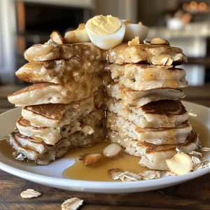 Juicy high protein pancakes arranged beautifully on a wooden table.