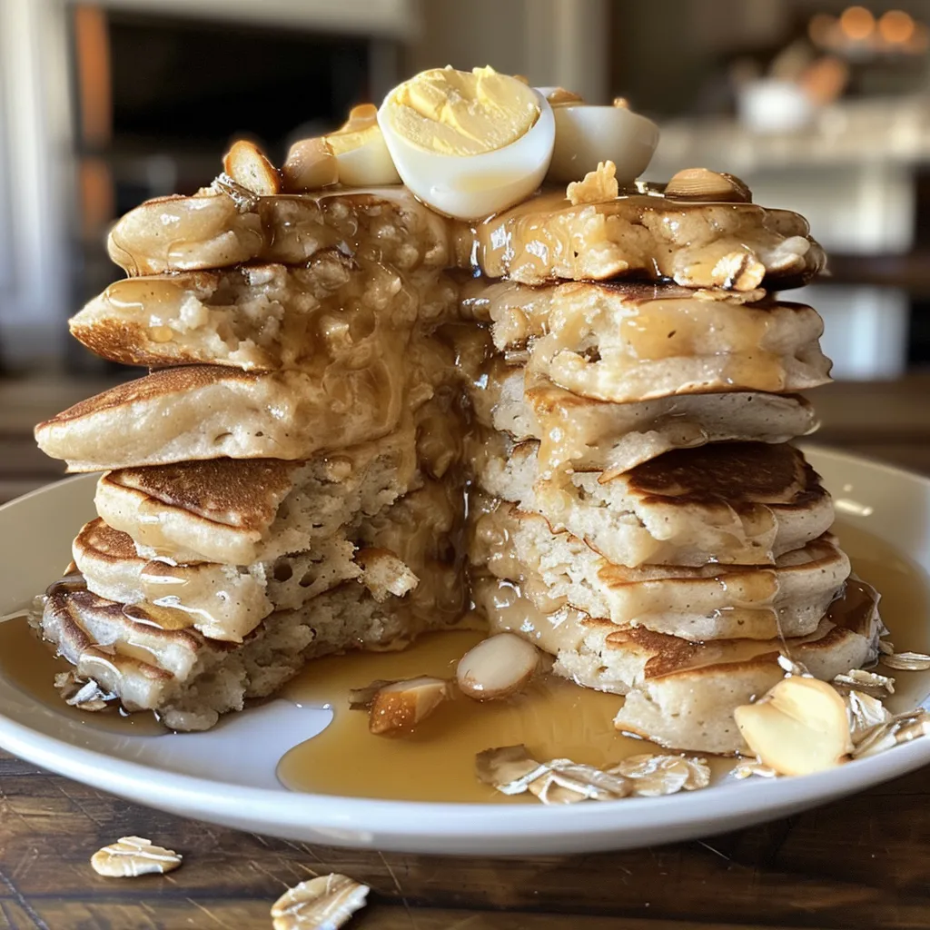 Juicy high protein pancakes arranged beautifully on a wooden table.