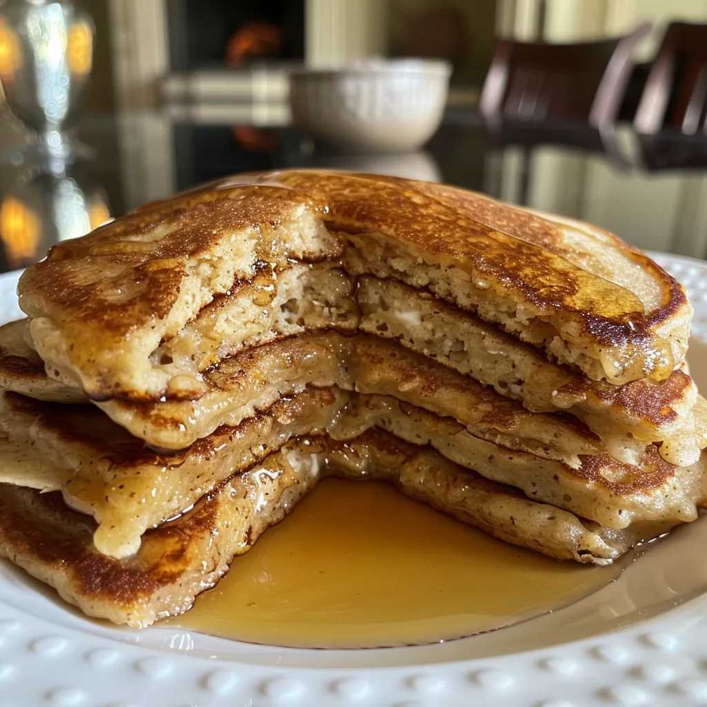 Thick and fluffy pancakes on a plate, highlighting their golden brown color and toppings.