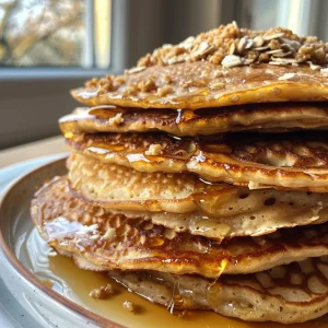 Juicy high-protein pancakes made with quark, depicted on a rustic wooden table.