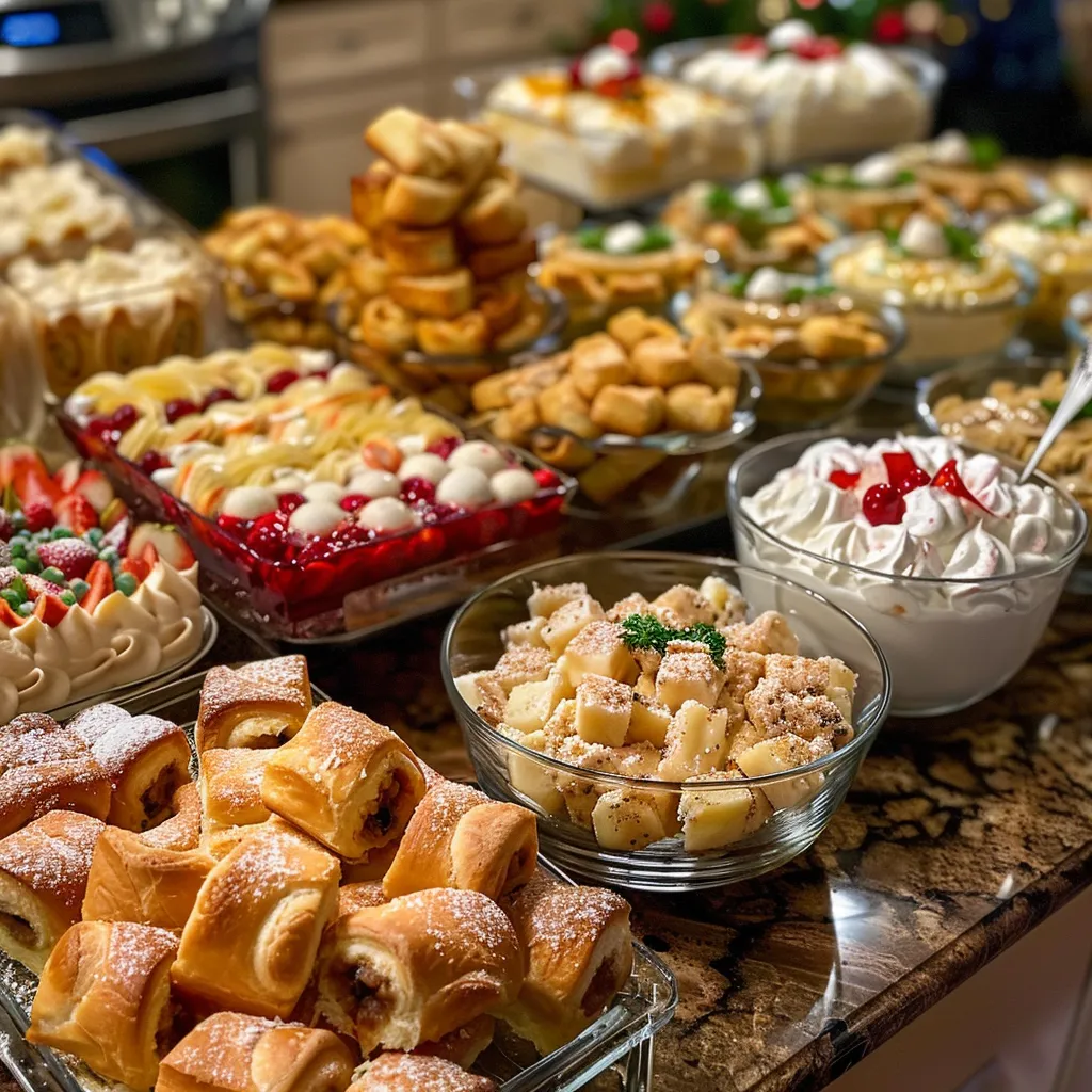 Side view of a table filled with various holiday-inspired treats, highlighting strawberry pop tart sugar cookies and chocolate caramel toffee cake.