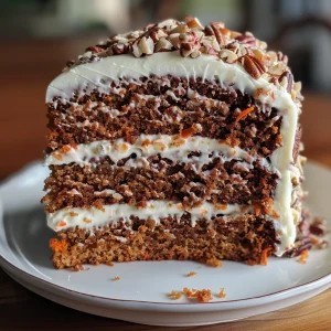 A delicious slice of JoJo's Carrot Cake featuring shredded carrots and nuts.