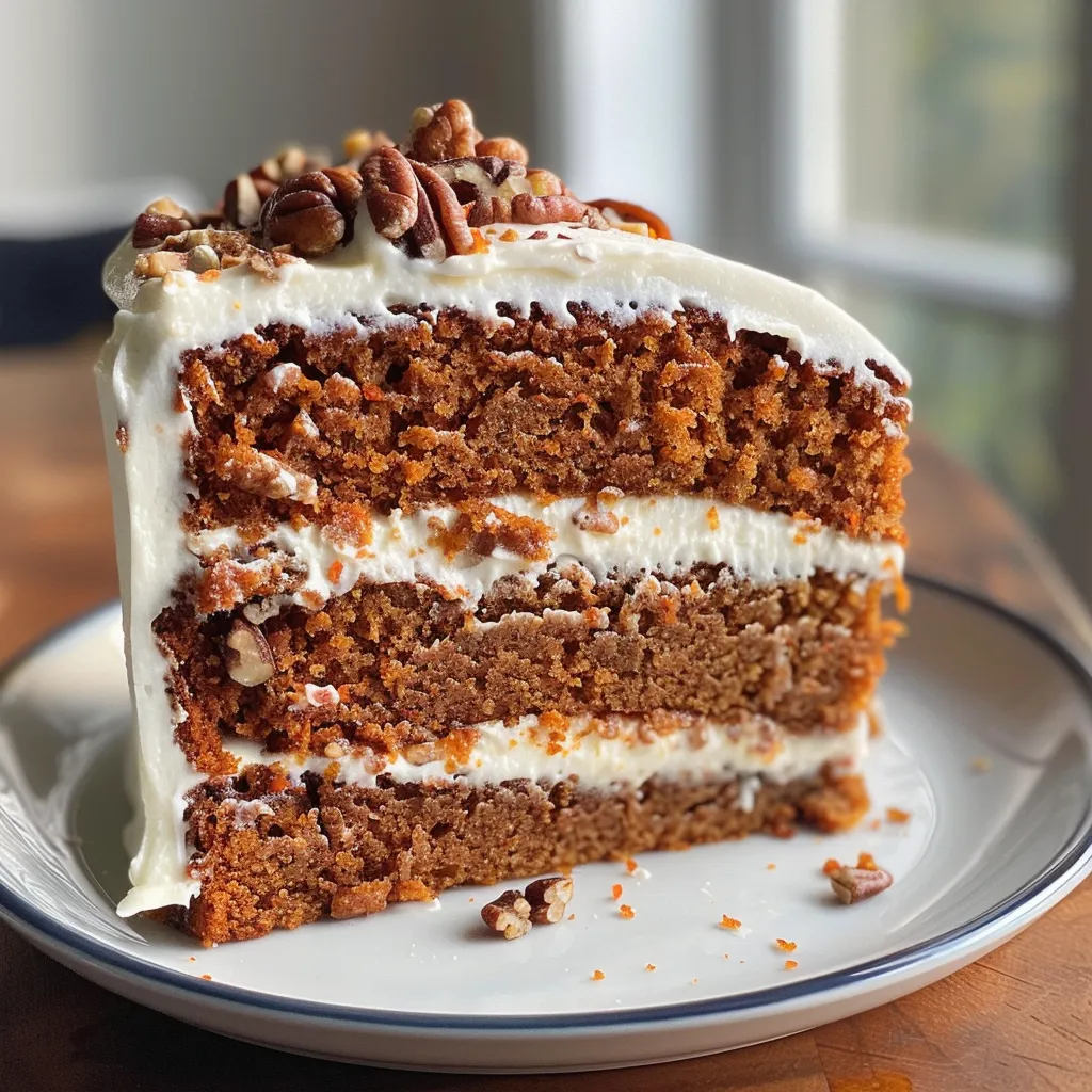 Detailed shot of a piece of carrot cake with frosting, nuts, and rich texture.