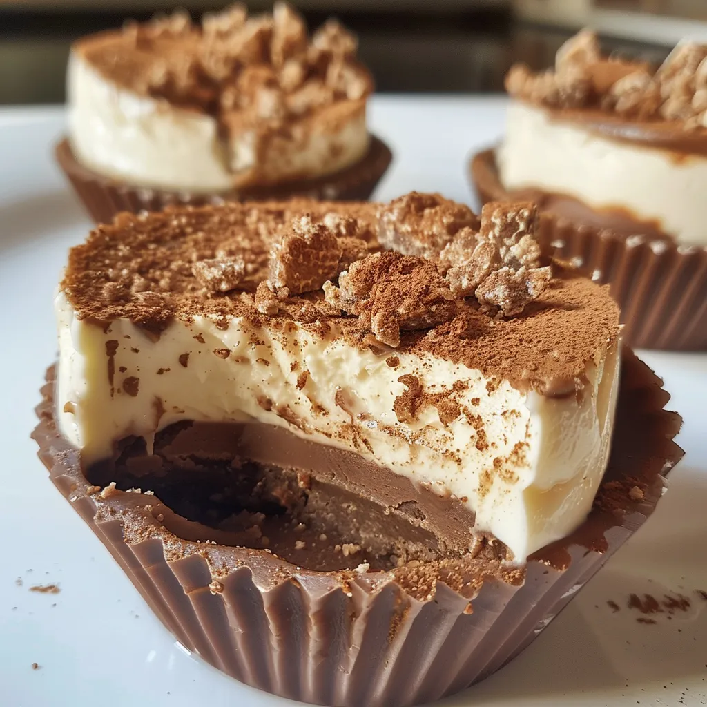 Close-up of Keto No-Bake Protein Cheesecake Cups, highlighting their rich filling and almond flour crust in a transparent cup.