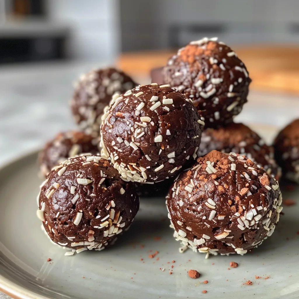 Brownie-flavored protein bites with a glossy finish, placed on a plate.