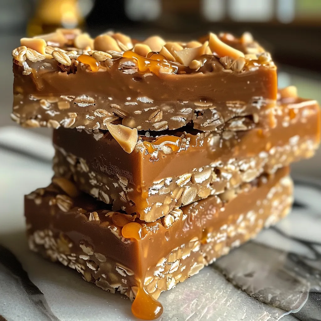 A tantalizing No-Bake Salted Caramel Protein Bar cut into squares showing its chewy texture.