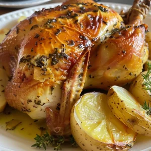 Whole chicken roasted to perfection, surrounded by fingerling potatoes and fresh thyme.