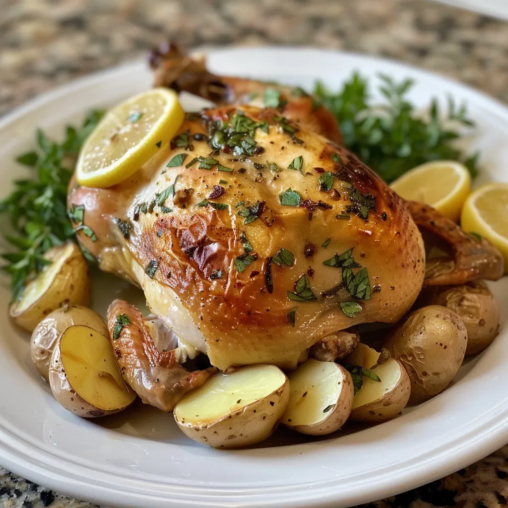 Succulent oven baked chicken with a crispy skin and lemon slices ready for serving.