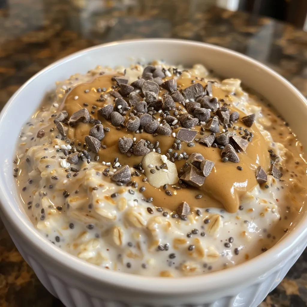 Delicious protein oats topped with chocolate and peanut butter, captured in natural light.