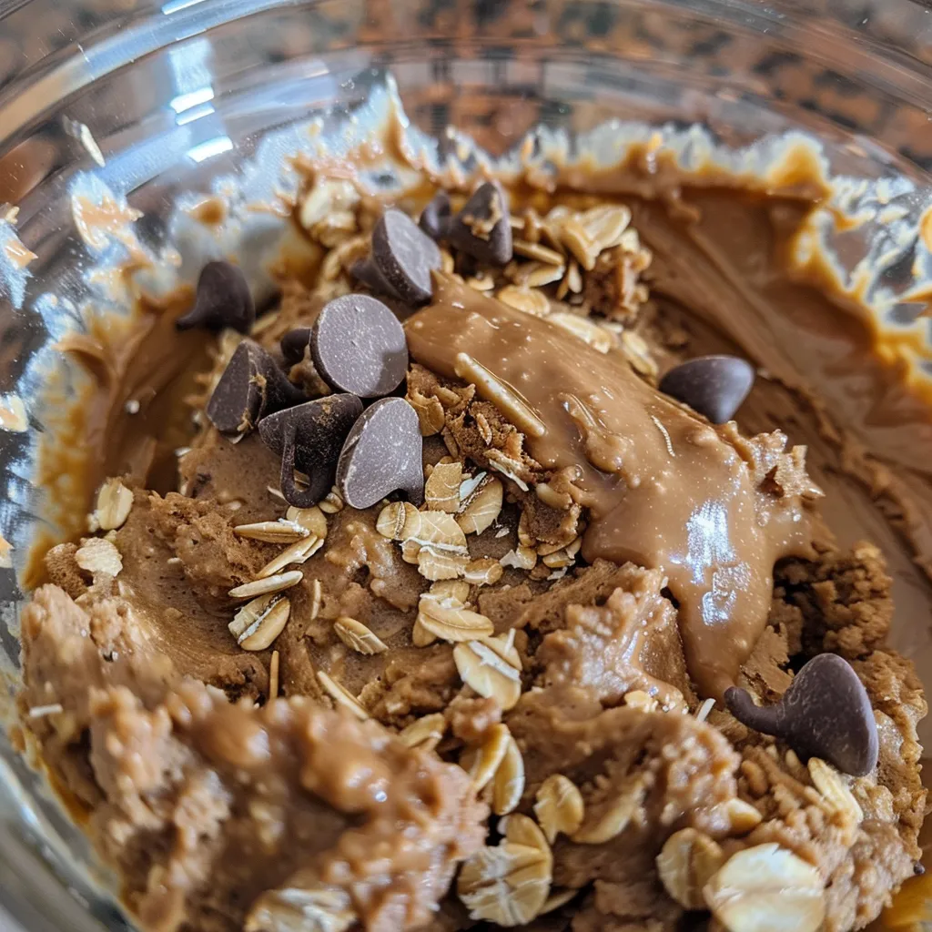 Vibrant protein cookie dough with a glossy finish and rich chocolate chips, captured in natural light.