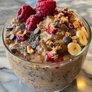 A vibrant presentation of Protein Overnight Oats with chia seeds, protein powder, and colorful fruits.