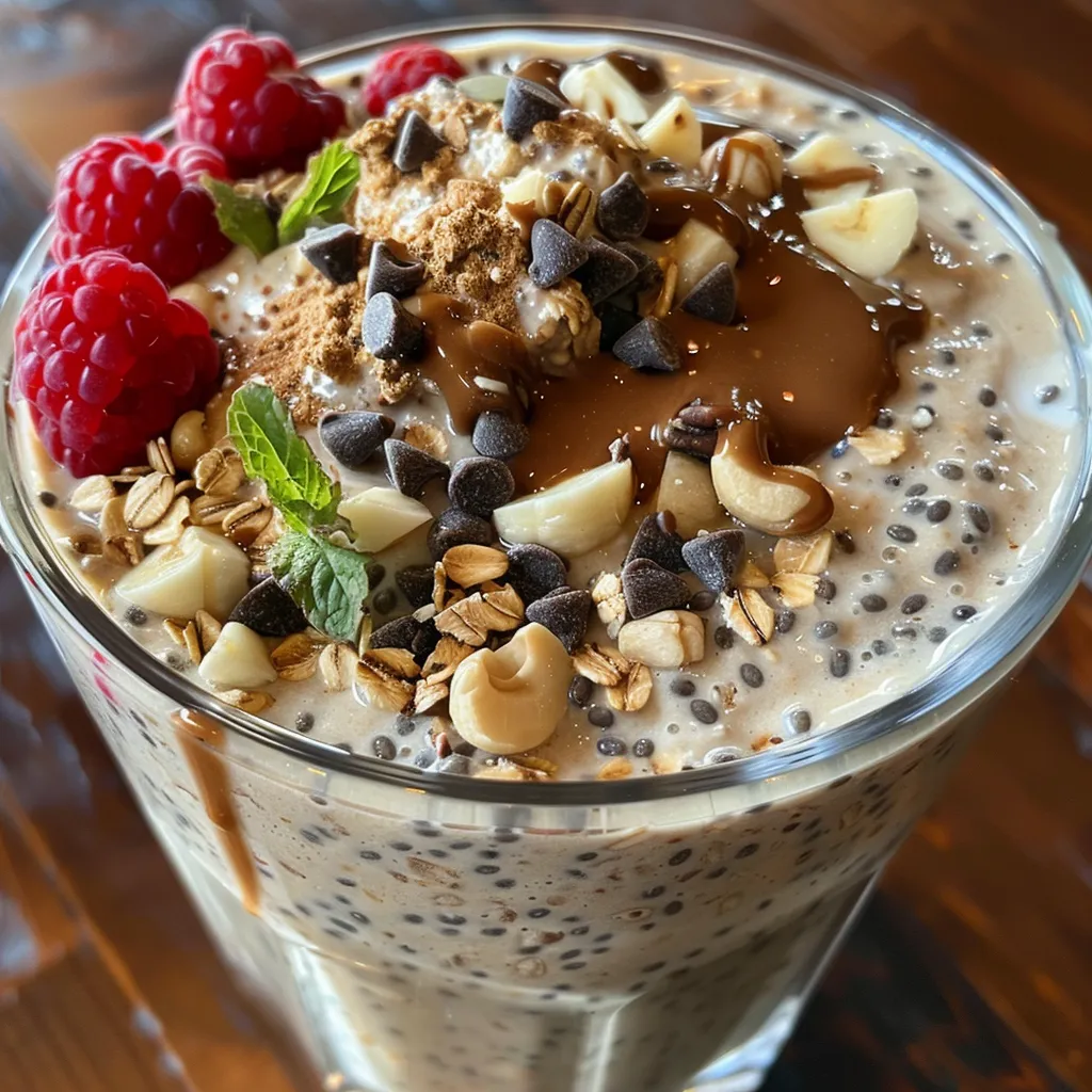 A delicious serving of Protein Overnight Oats with a spoon, highlighting its thick texture and toppings.
