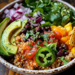 Appealing quinoa bowl with turkey taco filling, garnished with cilantro and served with spinach.