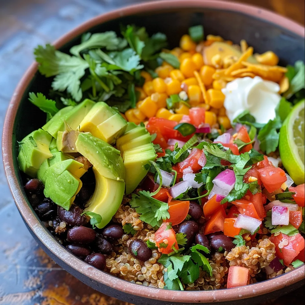 A hearty serving of quinoa with turkey, salsa, and assorted toppings in a rustic bowl.
