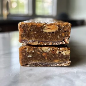 Detailed image of a salted caramel pecan protein bar highlighting its texture and ingredients.