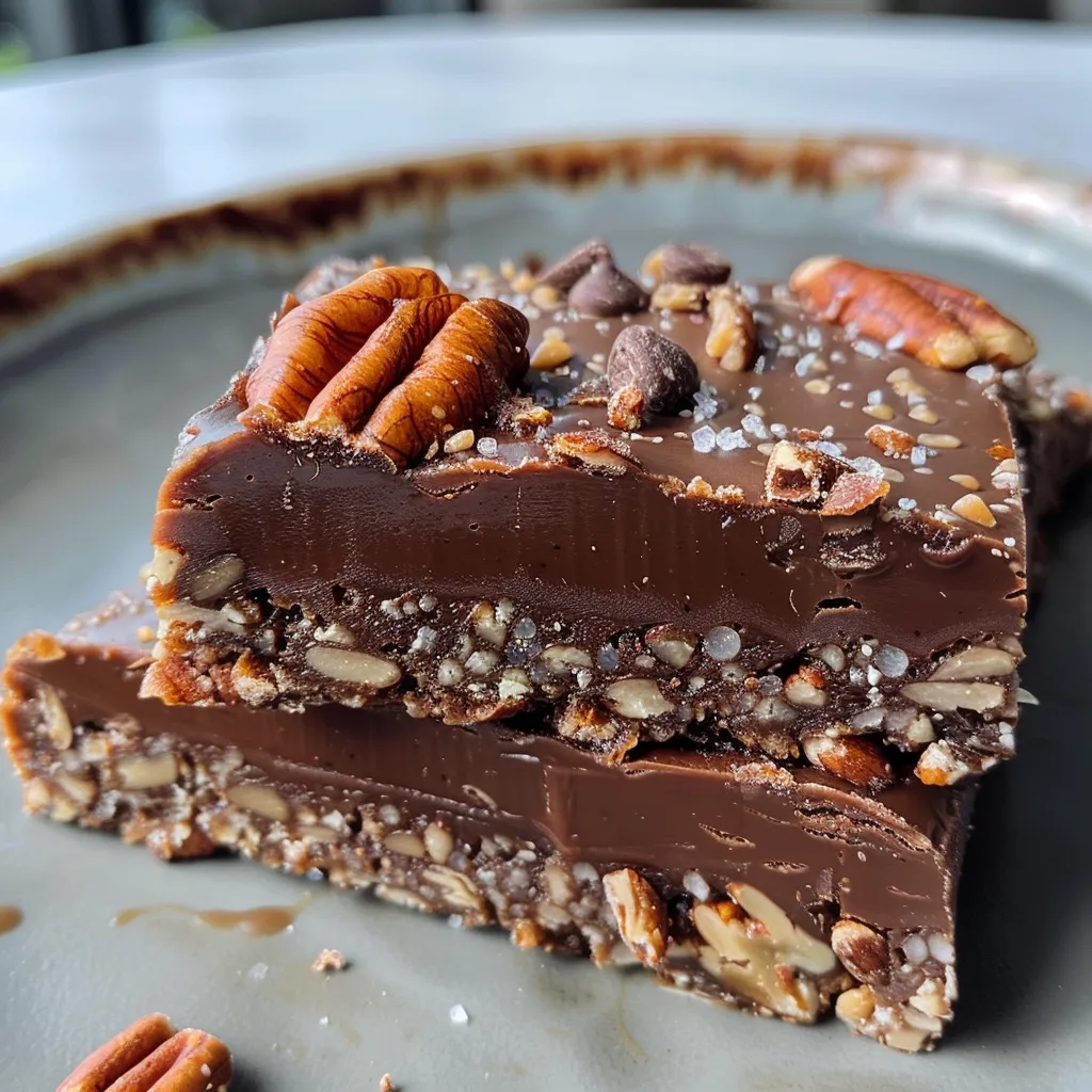 Focused shot of a protein bar showcasing a rich caramel glaze and crunchy pecans.