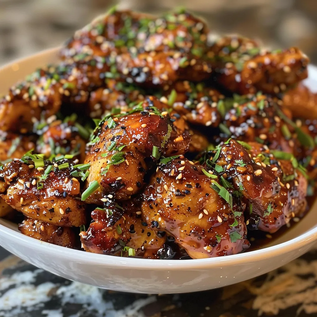 Juicy chicken thighs glistening with sweet chili glaze and spices.
