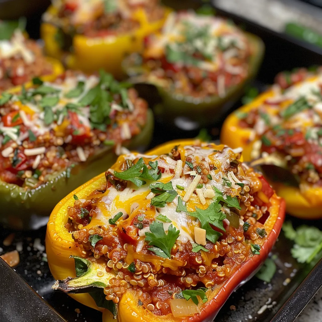 Close-up of baked stuffed peppers, showing layers of cheese, herbs, and a delicious filling.