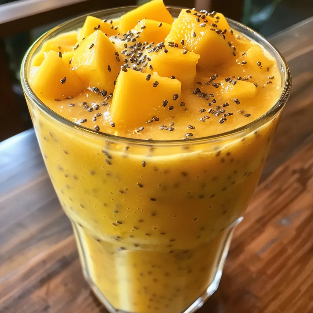 A refreshing Tropical Mango Protein Shake garnished with chia seeds and a slice of mango.