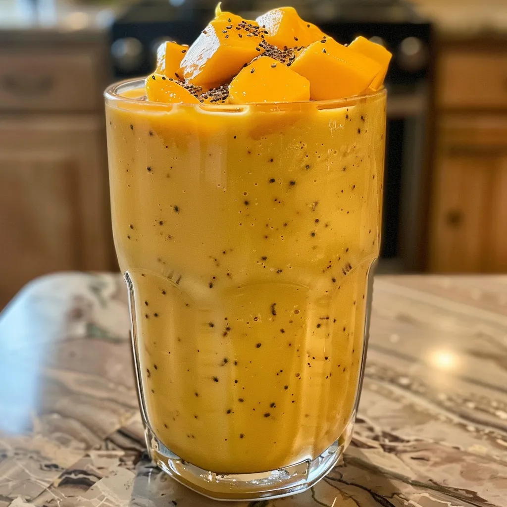 A side view of a delicious Tropical Mango Protein Shake with a smooth, frothy appearance.