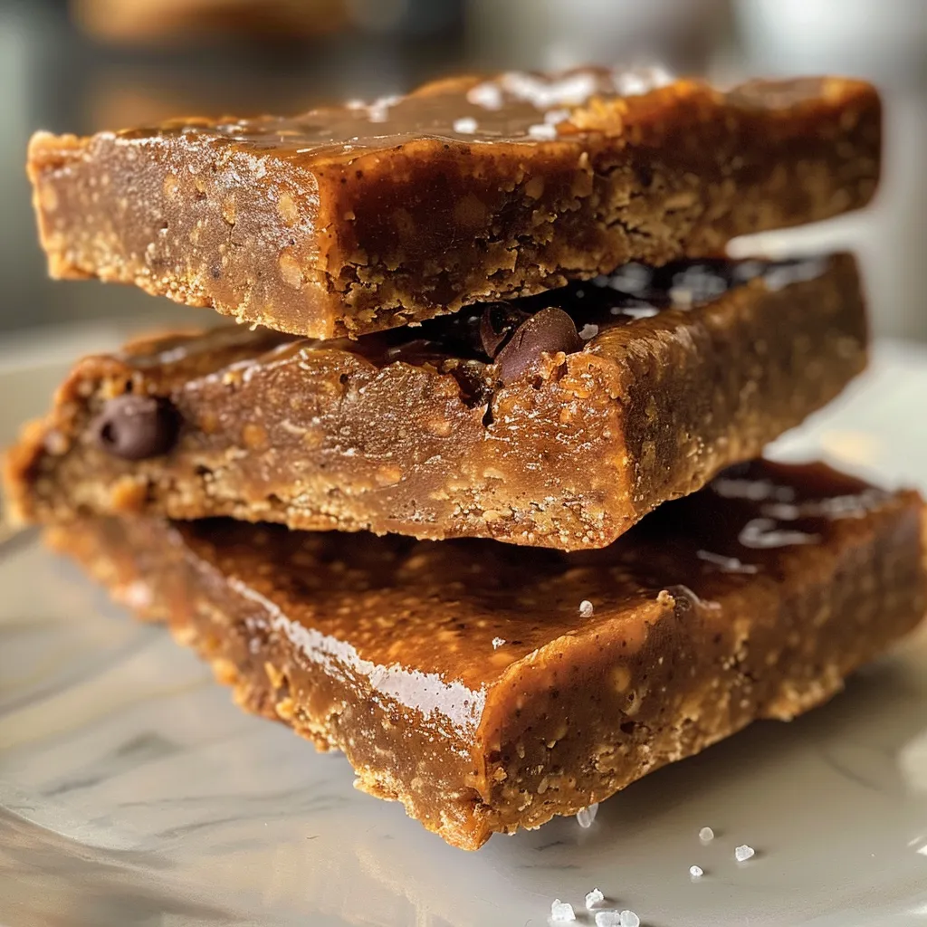 Juicy vegan caramel sea salt protein bar displayed on a rustic surface.