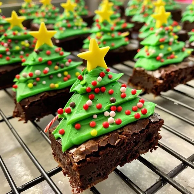 Juicy brownie bites shaped like Christmas trees, featuring vibrant green frosting and festive toppings.