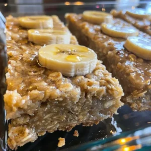 Juicy banana oat bars stacked, showcasing texture and ingredients.