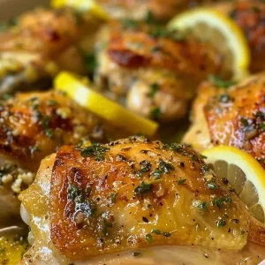 Appetizing shot of grilled Greek lemon chicken garnished with herbs.