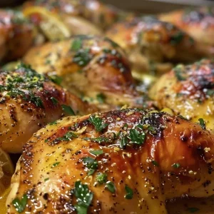 Appetizing chicken thighs garnished with herbs and lemon zest.