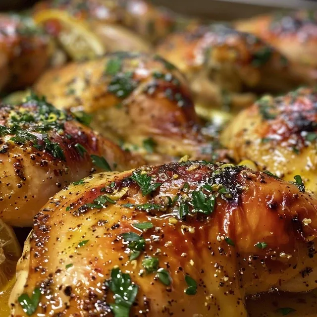 Appetizing chicken thighs garnished with herbs and lemon zest.