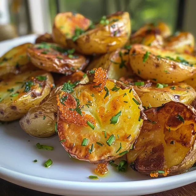 Juicy, crispy smashed fingerling potatoes with garlic and black pepper, artfully arranged.