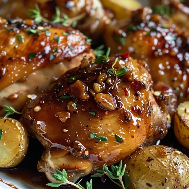 A plate featuring succulent honey balsamic chicken garnished with fresh herbs and roasted baby potatoes.