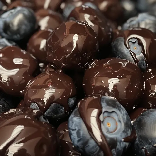 Fresh blueberries enveloped in shiny chocolate, with hints of salt and berry powder.