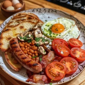 Colorful arrangement of a Full English Breakfast including toast, fried eggs, and sautéed mushrooms.