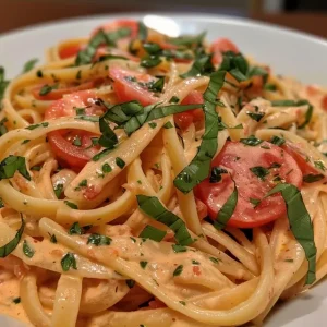 Juicy creamy pasta dish showcasing diced tomatoes and minced garlic.
