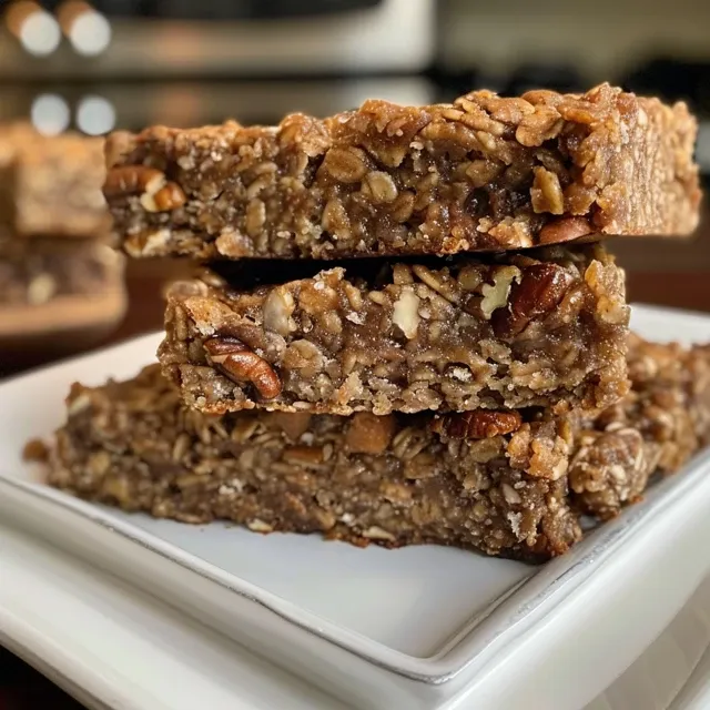 Freshly baked banana oatmeal breakfast bars with visible banana slices and oats on a white plate.
