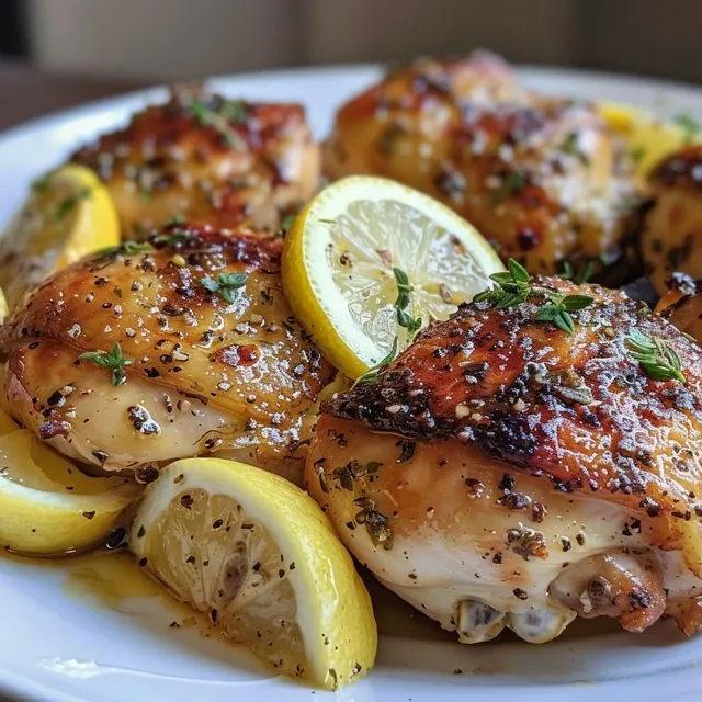 Detail of tender chicken thighs seasoned with garlic and lemon juice.