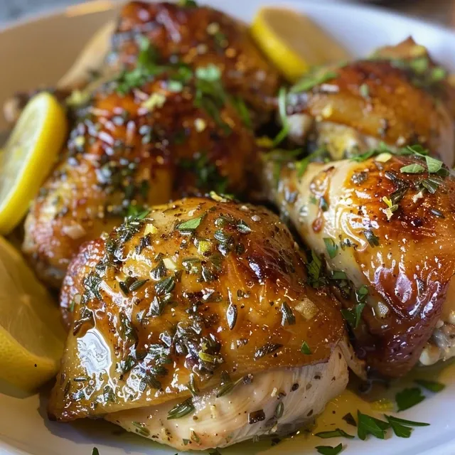 Cooked chicken thighs glistening with olive oil and garlic.