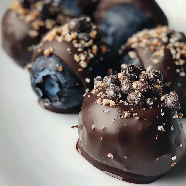 Rich dark chocolate coating on organic blueberries, emphasizing their vibrant color.