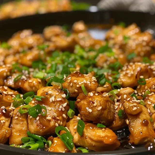 Spicy chicken dish featuring glistening surfaces from the ingredients.