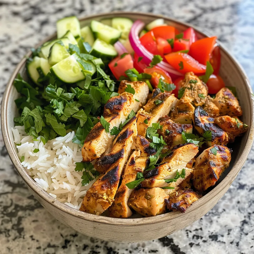 A vibrant chicken shawarma bowl showcasing marinated chicken, fresh greens, and a creamy tahini drizzle.