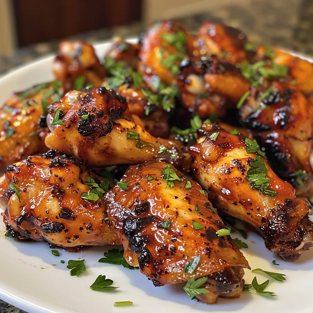 Appetizing chicken wings coated in sauce, arranged on a plate.
